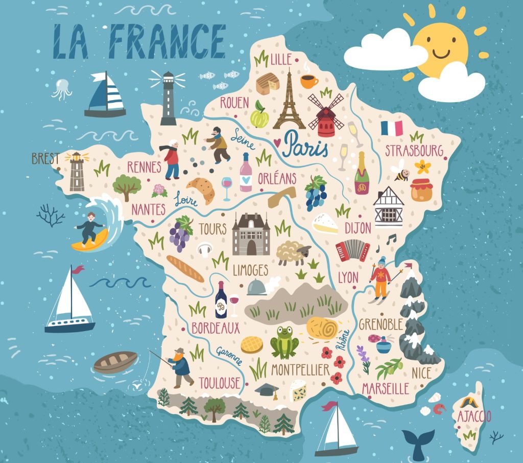 Mapa tur&iacute;stico pict&oacute;rico de Francia.