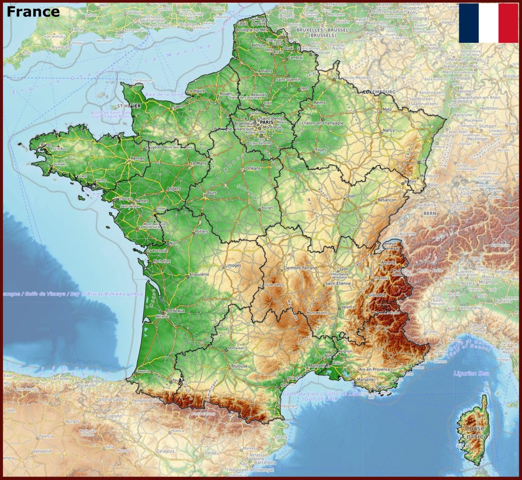 Mapa f&iacute;sico de Francia.