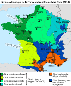 Patr&oacute;n clim&aacute;tico de la Francia metropolitana, excluyendo C&oacute;rcega.