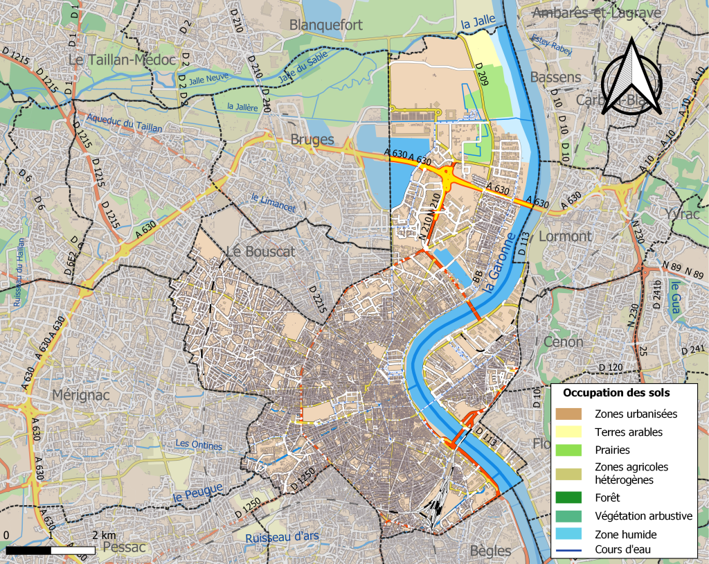 Plano de infraestructuras y uso del suelo en la ciudad de Burdeos en 2018.