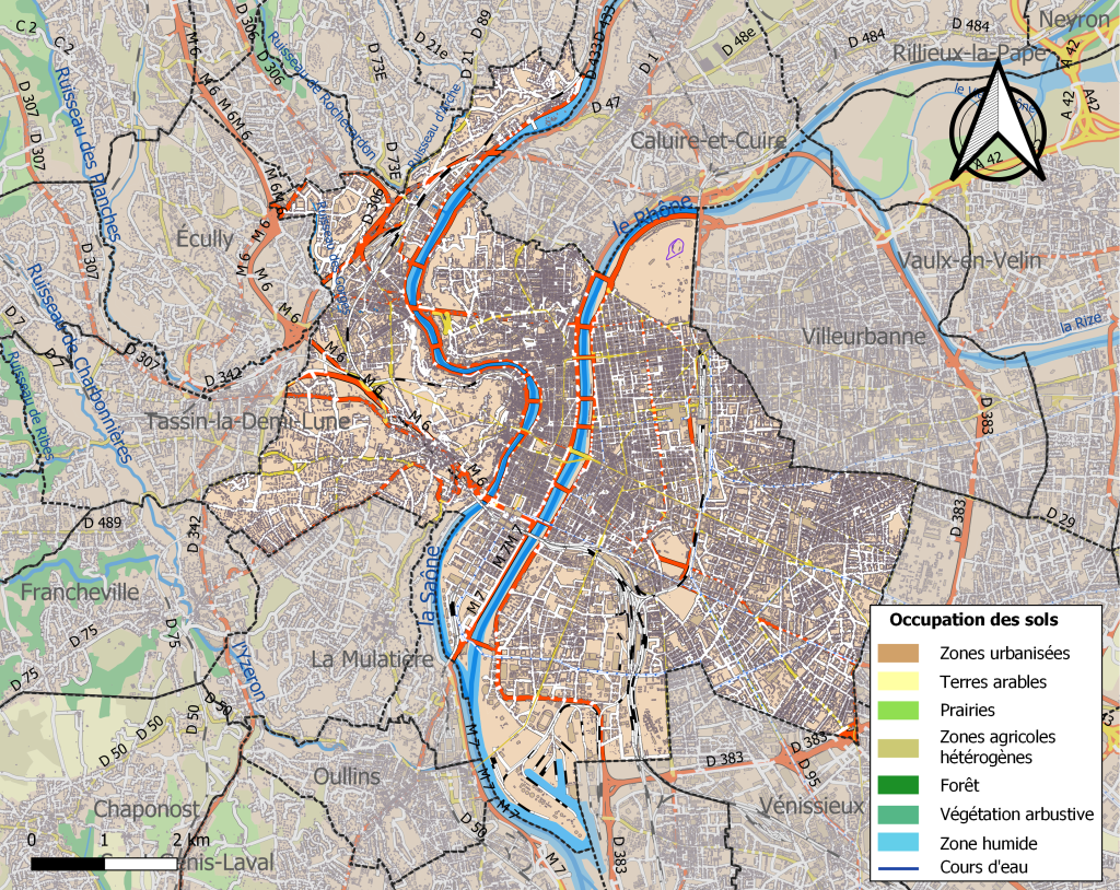 Plano de infraestructuras y uso del suelo en la ciudad de Lyon en 2018.