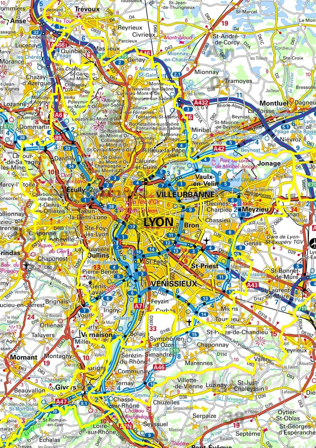 Mapa de accesos por carretera a la ciudad de Lyon.