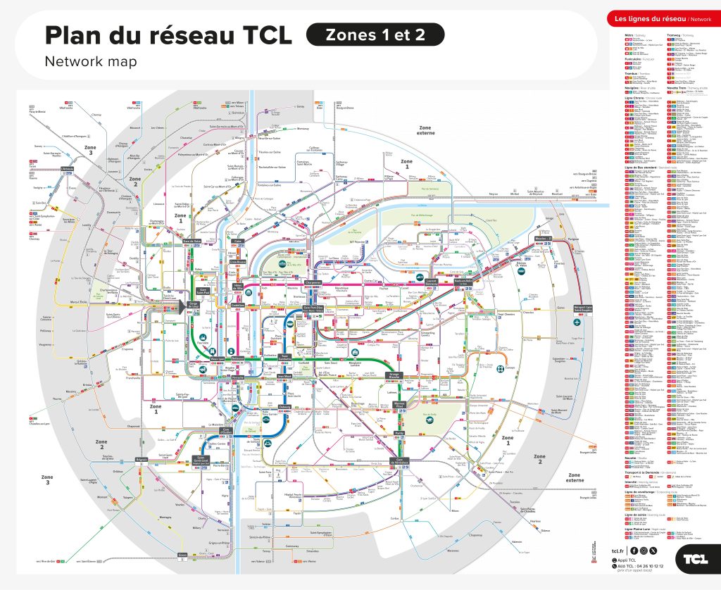Plano esquem&aacute;tico del transporte p&uacute;blico en Lyon.