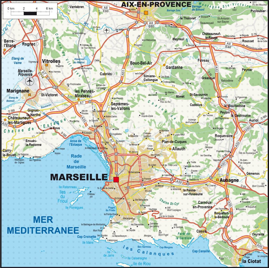 Mapa de accesos por carretera a la ciudad de Marsella.