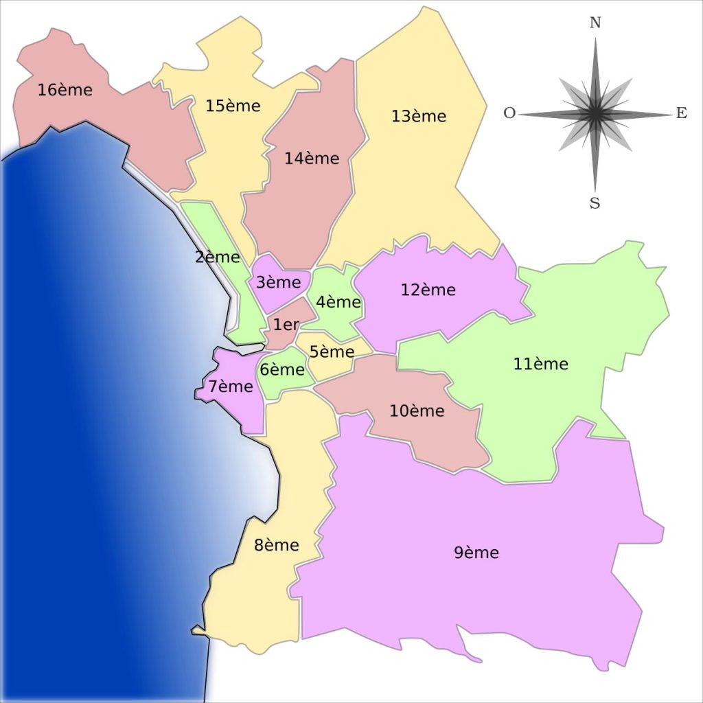 Mapa de los distritos de Marsella.