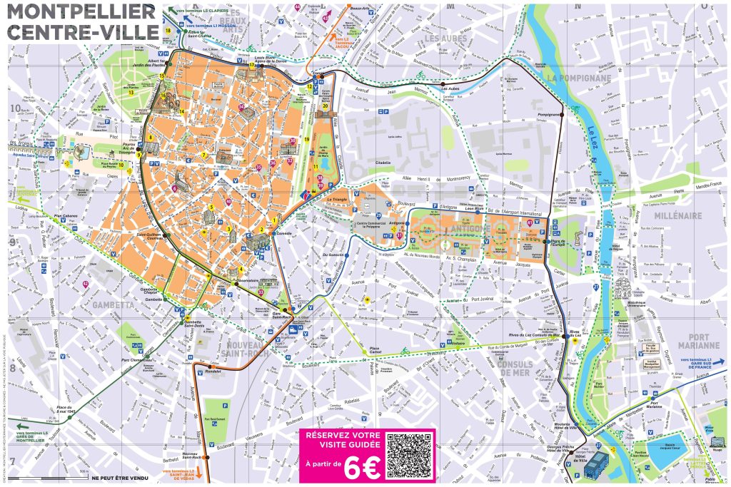 Plano del centro de la ciudad de Montpellier.