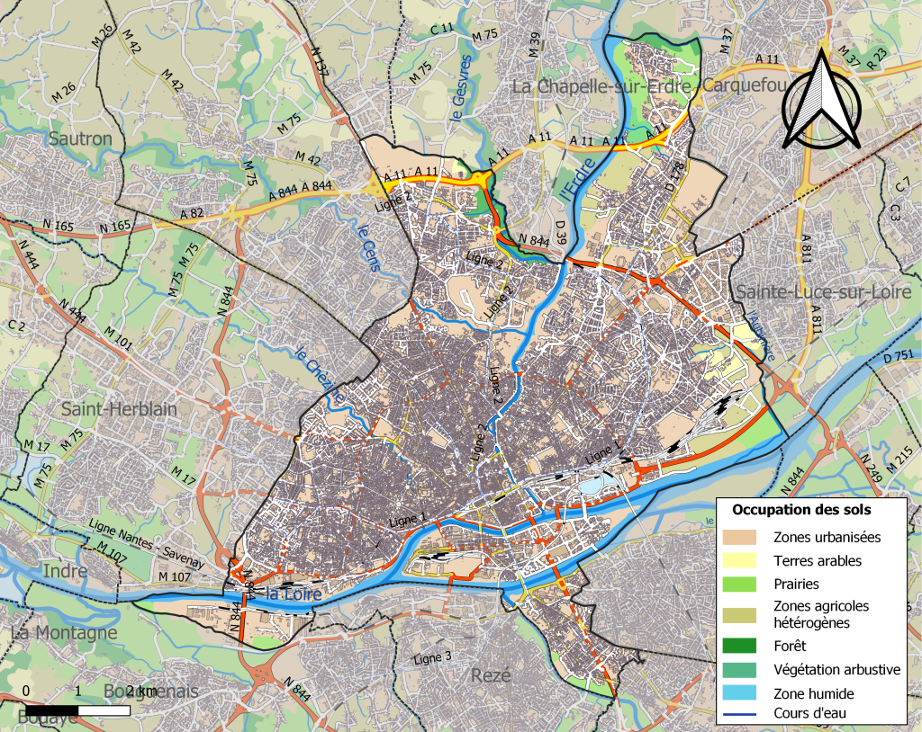 Plano de infraestructuras y uso del suelo en la ciudad de Nantes en 2018.