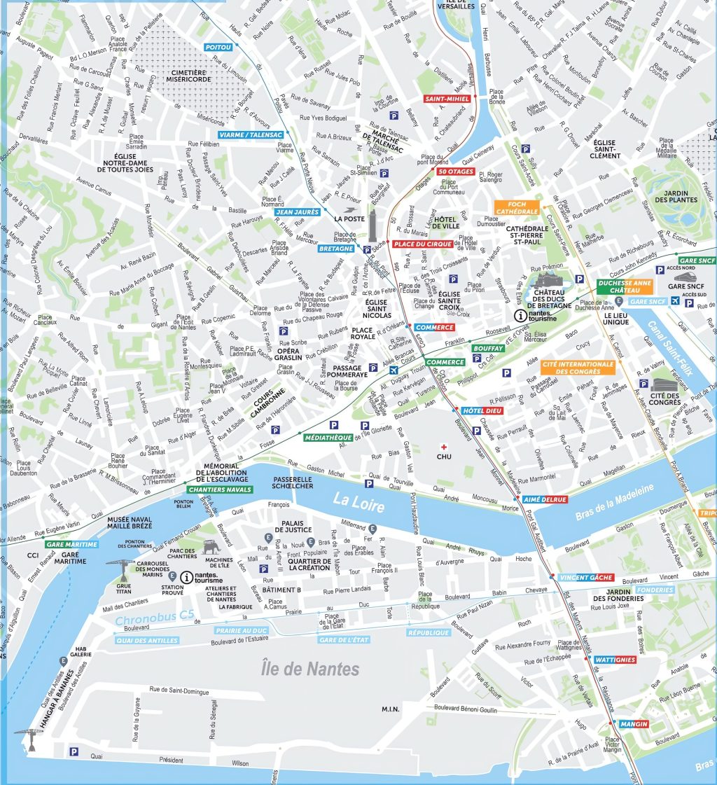 Plano del centro de la ciudad de Nantes.