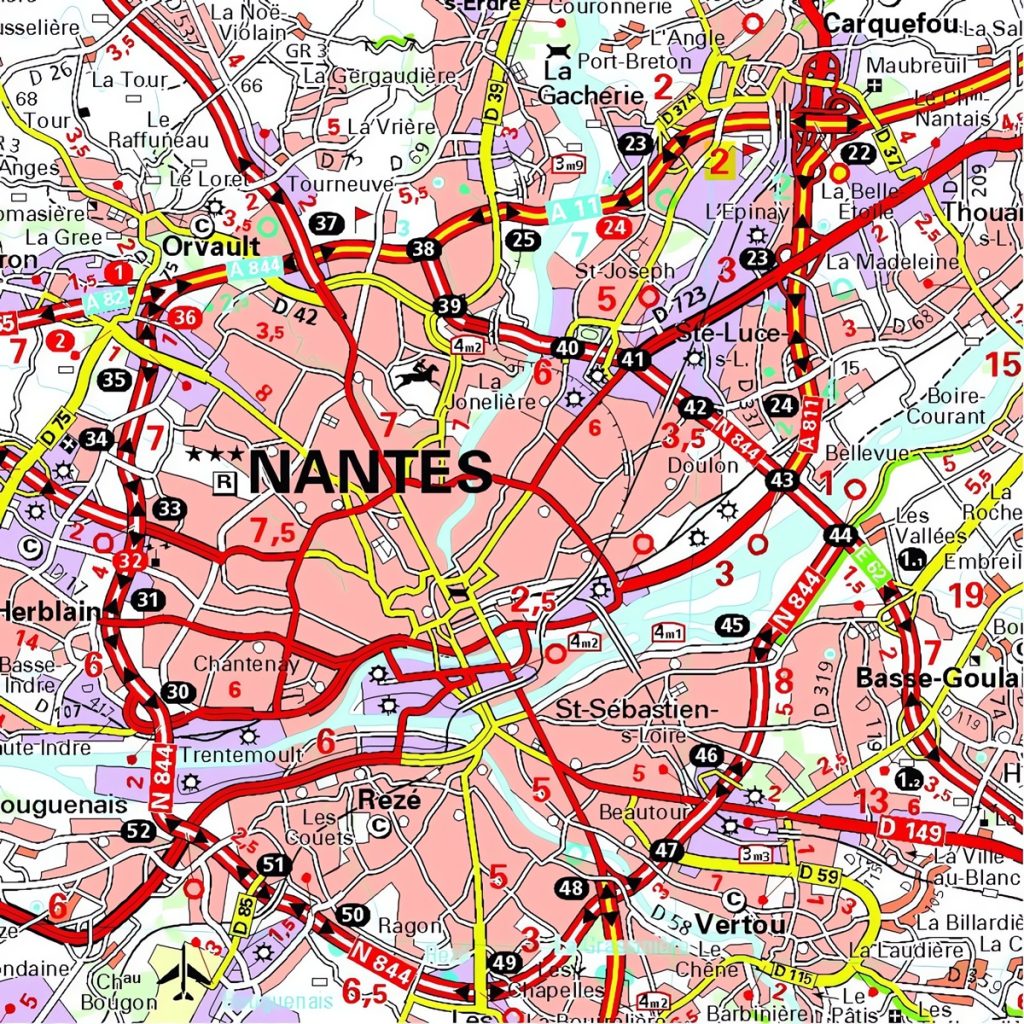 Mapa de accesos por carretera a la ciudad de Nantes.