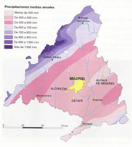 Precipitaciones medias anuales en la Comunidad de Madrid.