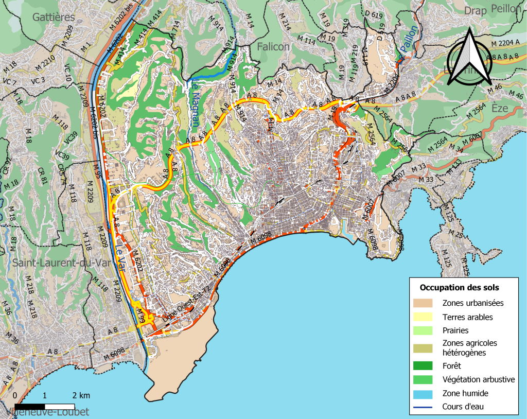 Plano de infraestructuras y uso del suelo en la ciudad de Niza en 2018.