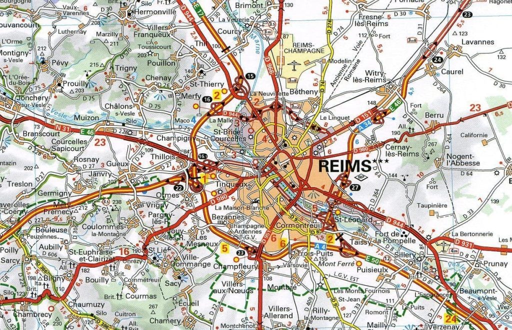 Mapa de accesos por carretera a la ciudad de Reims.