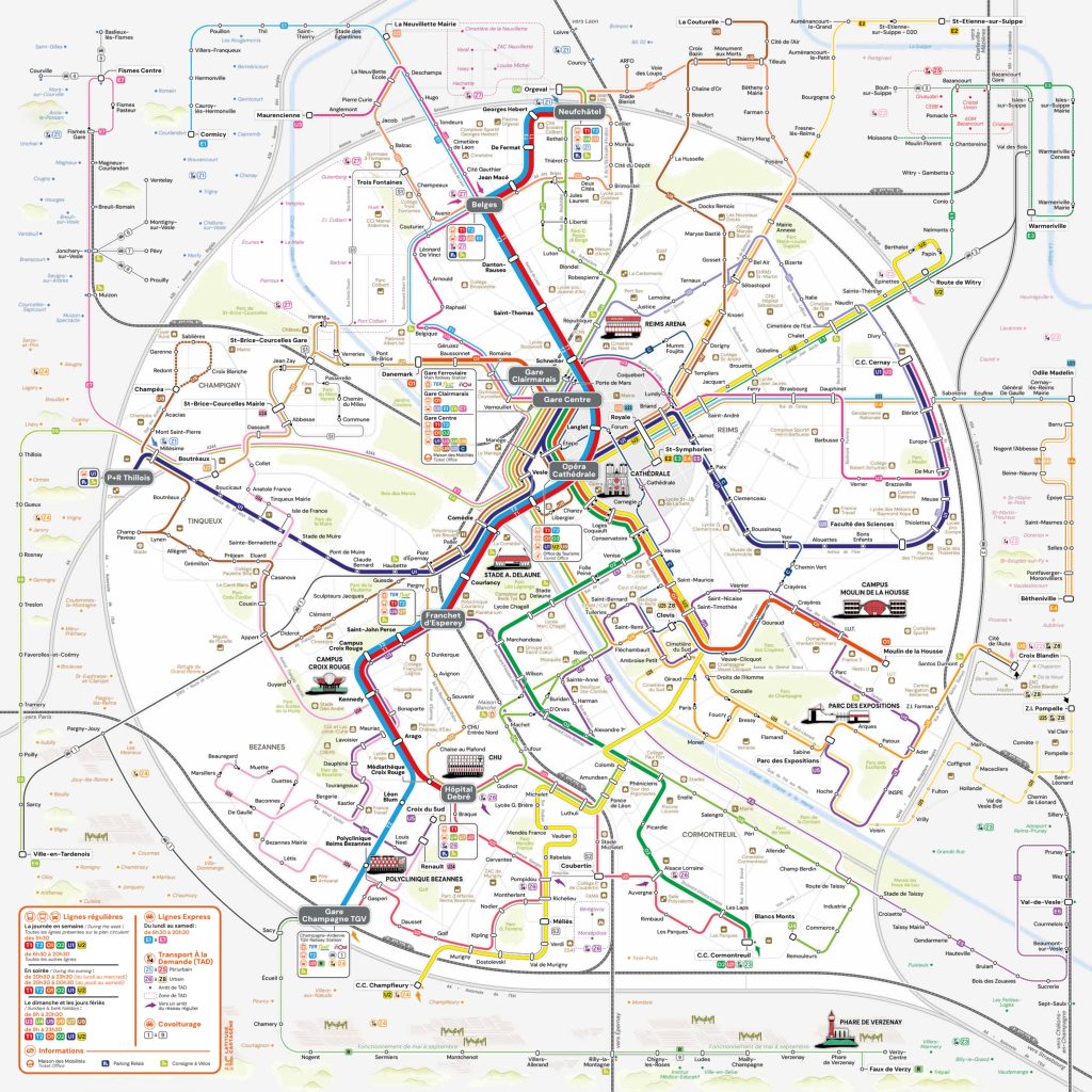 Plano esquem&aacute;tico del transporte p&uacute;blico en Reims.