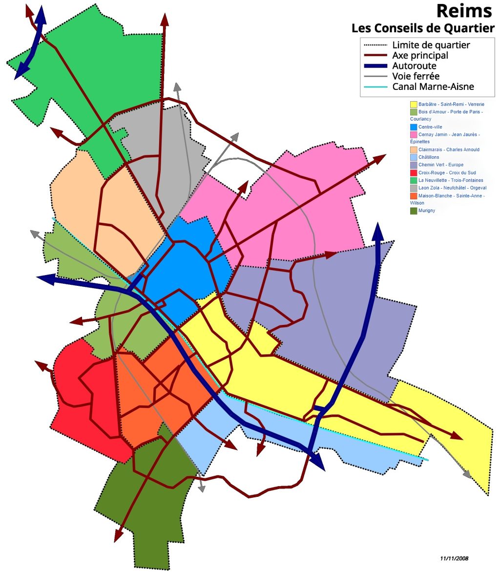 Mapa de los barrios de Reims.