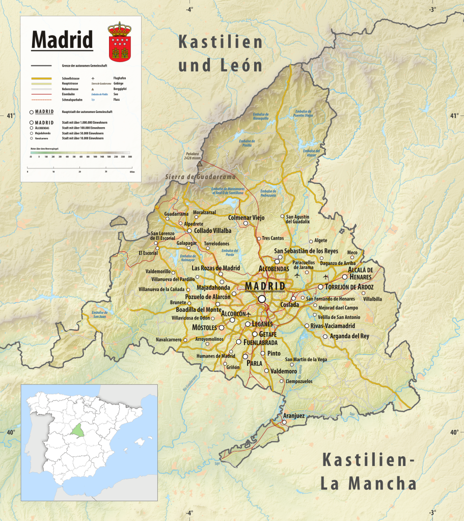 Mapa físico de la Comunidad de Madrid.