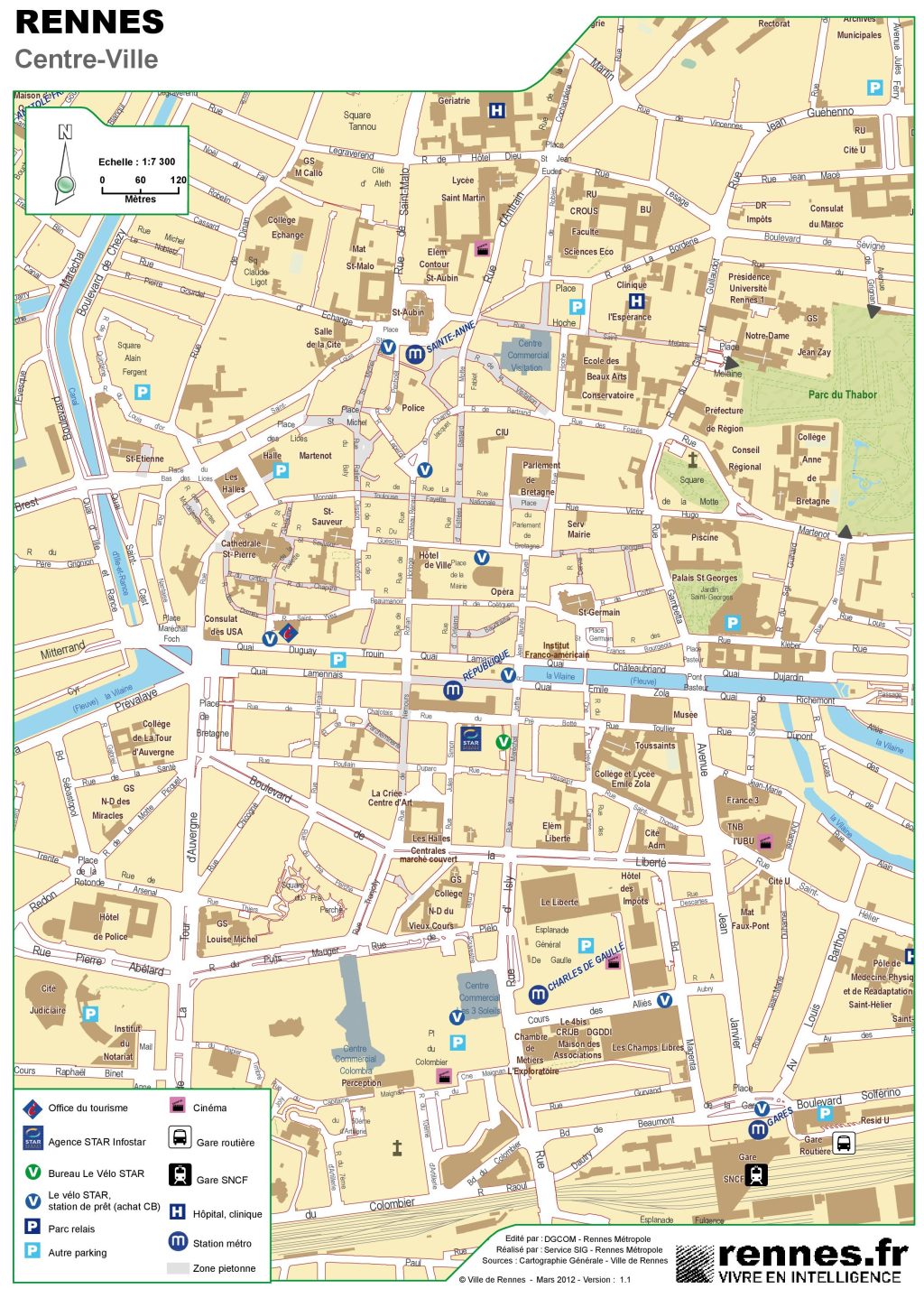 Plano del centro de la ciudad de Rennes.