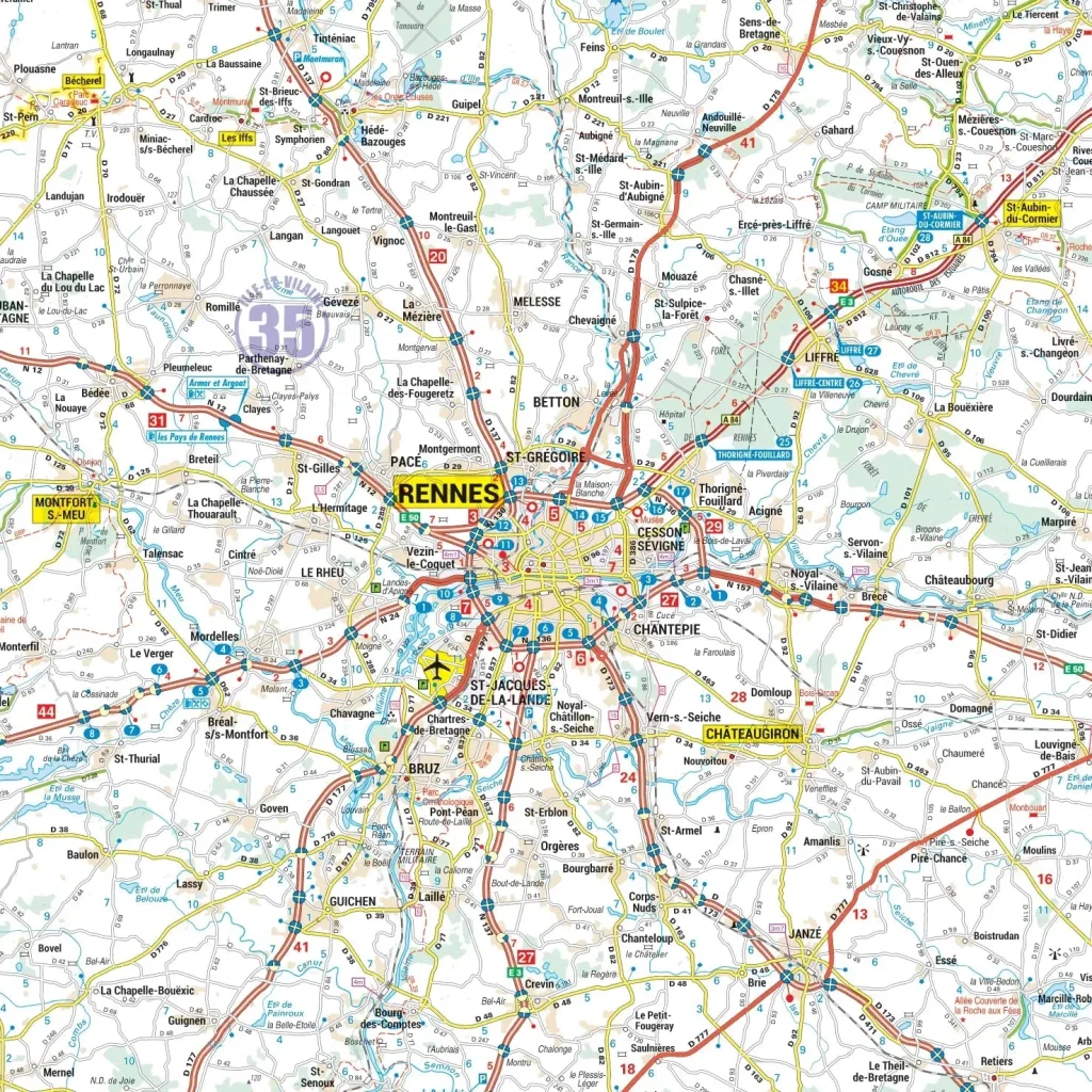 Mapa de accesos por carretera a la ciudad de Rennes.