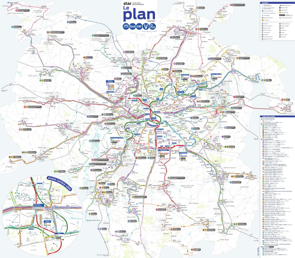 Plano del transporte p&uacute;blico en Rennes.