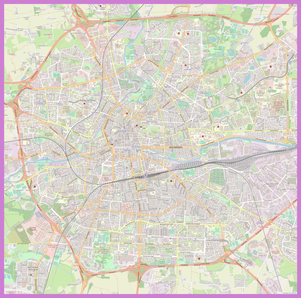 Plano de la ciudad de Rennes, Francia.