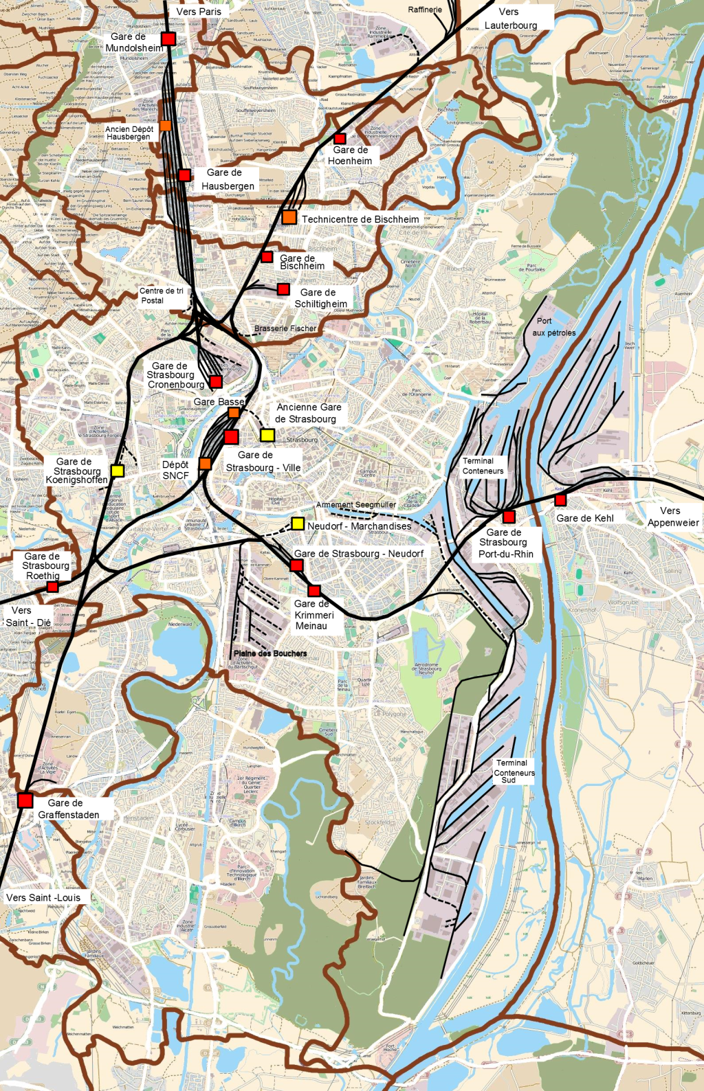Mapa del nudo ferroviario de Estrasburgo.