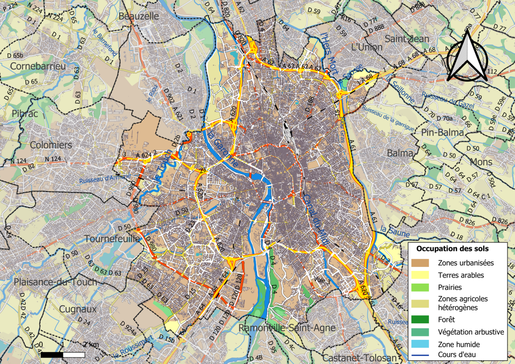 Plano de infraestructuras y uso del suelo en la ciudad de Toulouse en 2018.