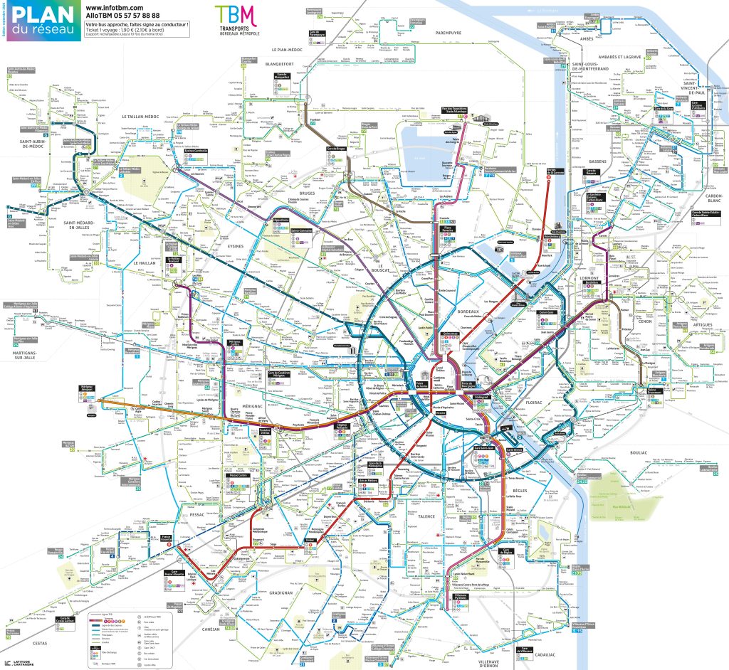 Plano del transporte p&uacute;blico en Burdeos.