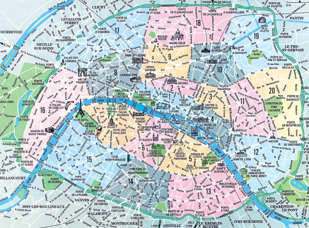 Mapa tur&iacute;stico de la ciudad de Par&iacute;s.