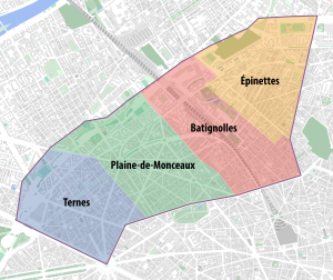 Plano del XVII distrito de París. Barrios del XVII distrito de París.