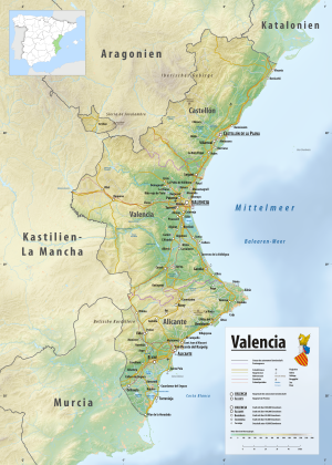Mapa físico de la Comunidad Valenciana