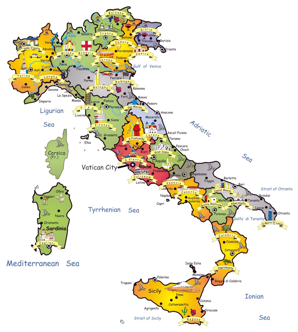 Mapa tur&iacute;stico pict&oacute;rico de Italia.