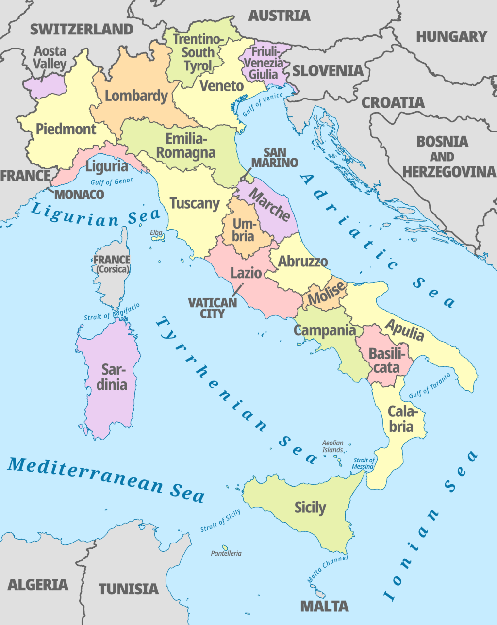 Mapa de las regiones de Italia.