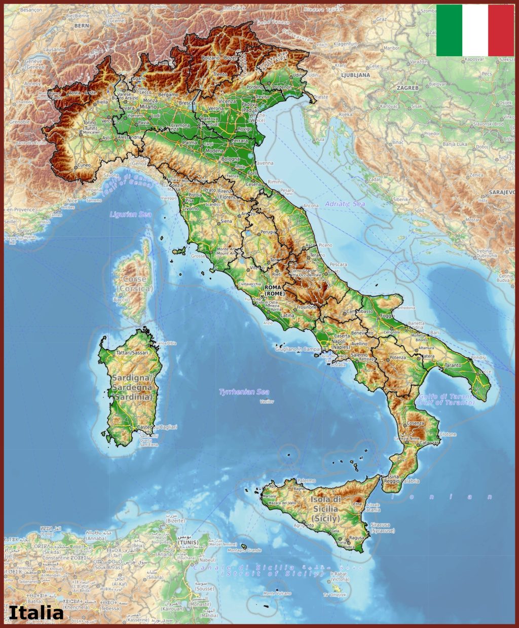 Mapa f&iacute;sico de Italia.