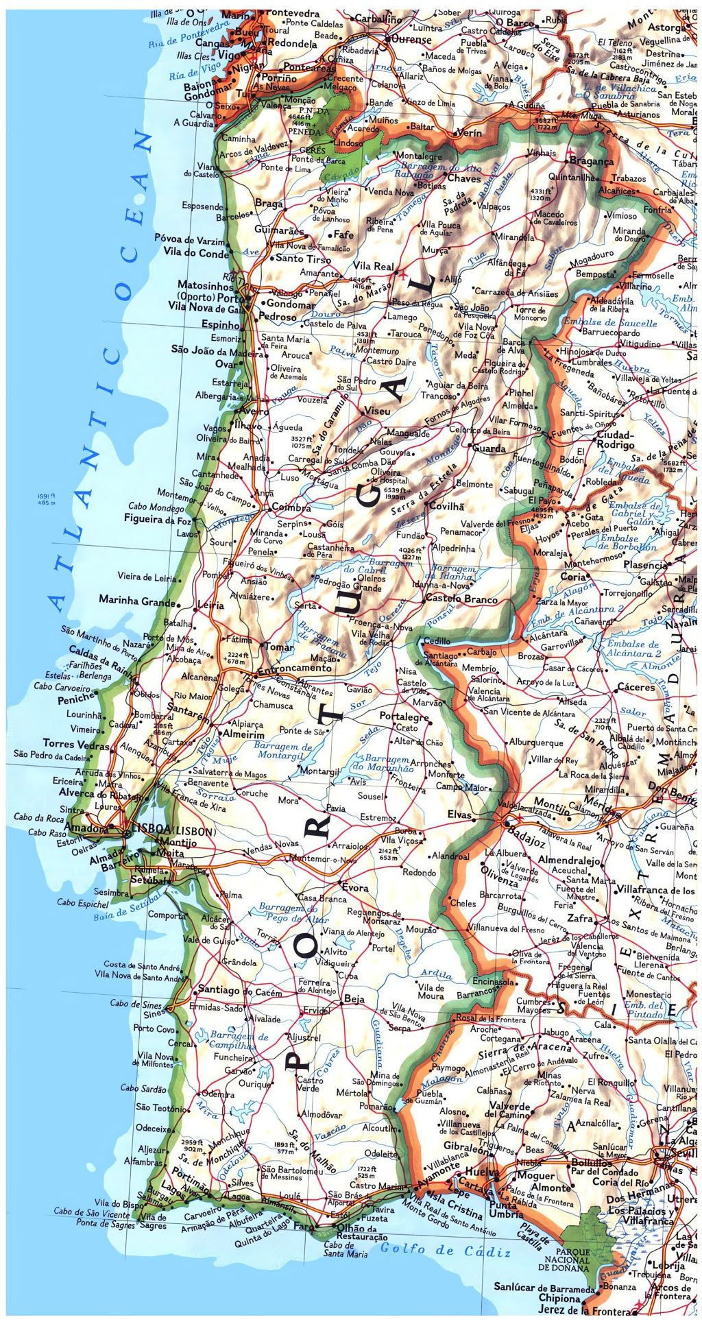 Mapa de las principales ciudades de Portugal.