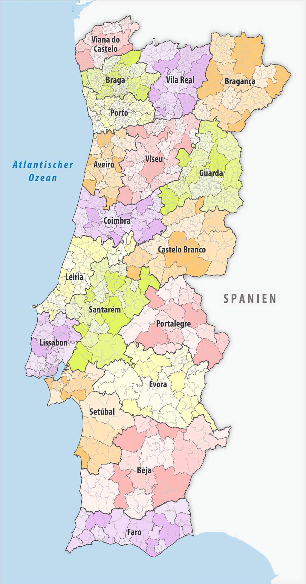 Mapa de los distritos de Portugal.