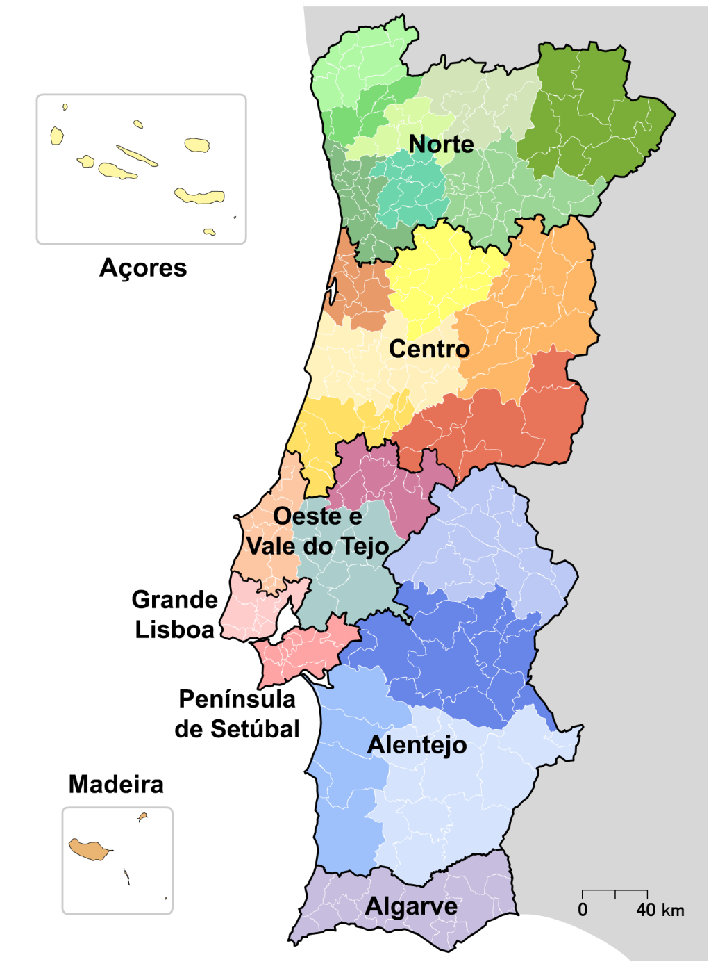 Mapa de las regiones de Portugal.