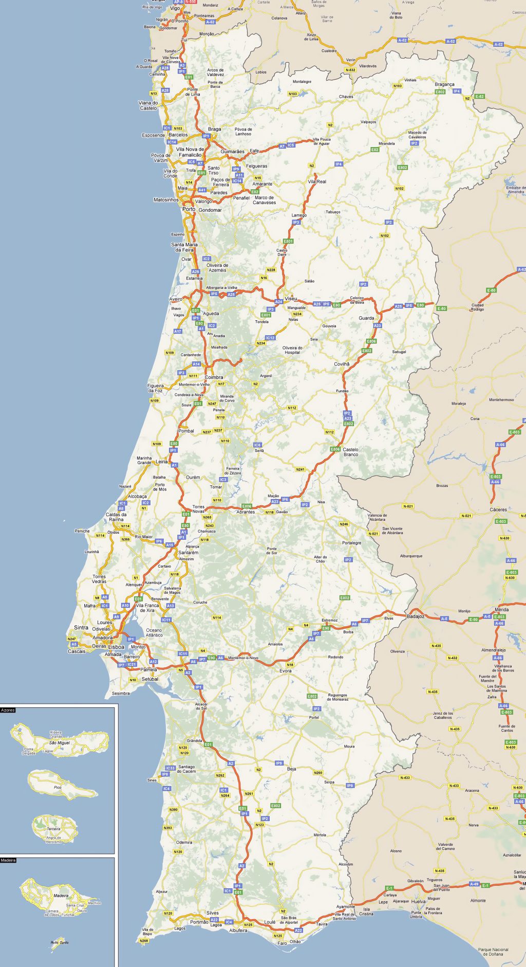 Mapa de carreteras de Portugal.