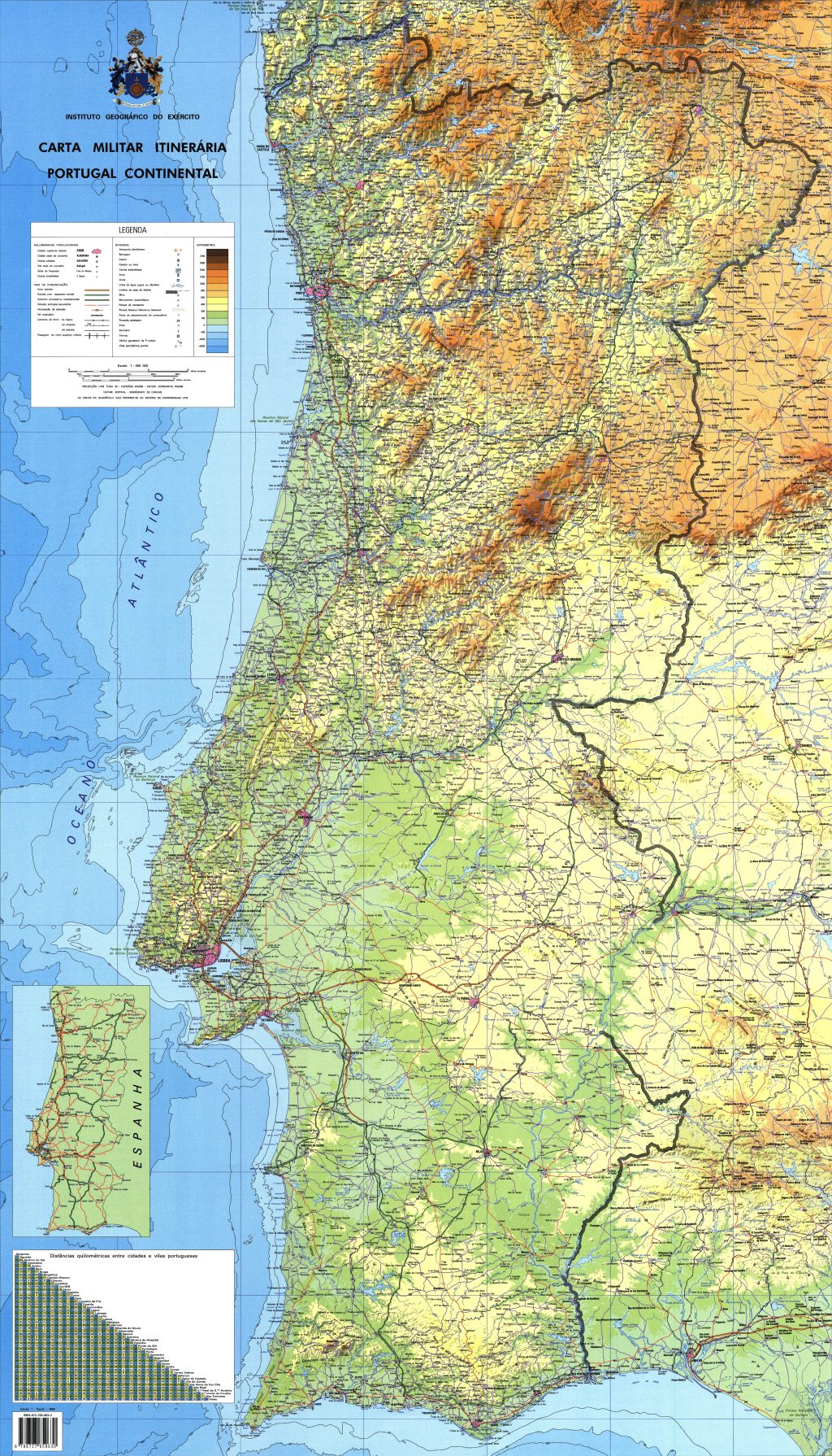 Mapa f&iacute;sico de Portugal.