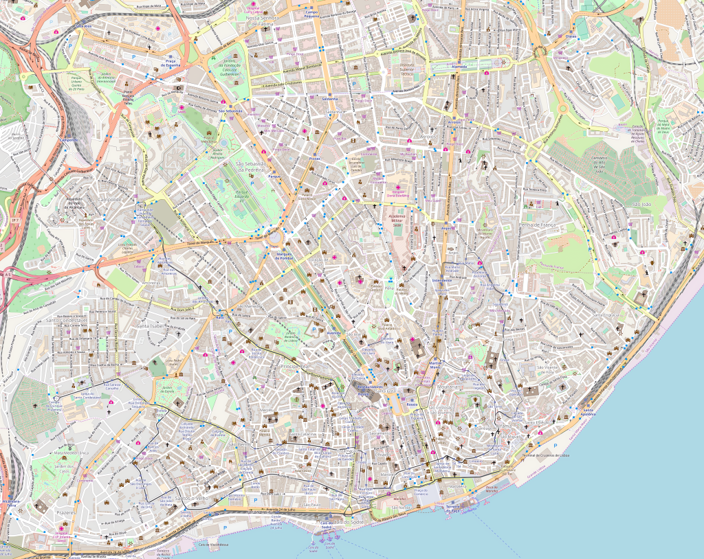 Plano de la ciudad de Lisboa, Portugal.