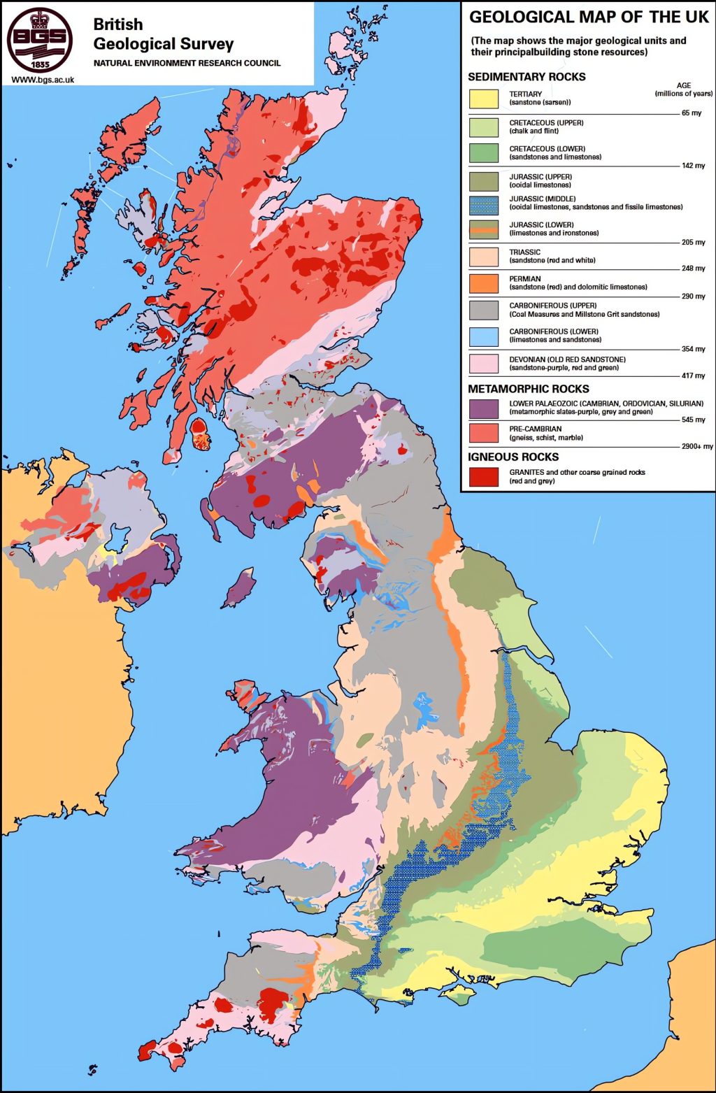 Mapa geol&oacute;gico del Reino Unido.