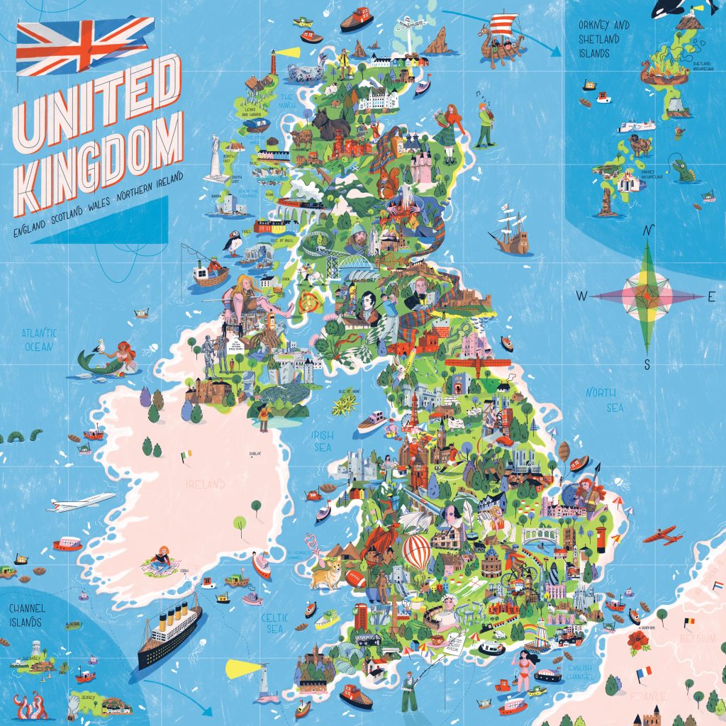 Mapa tur&iacute;stico pict&oacute;rico del Reino Unido.