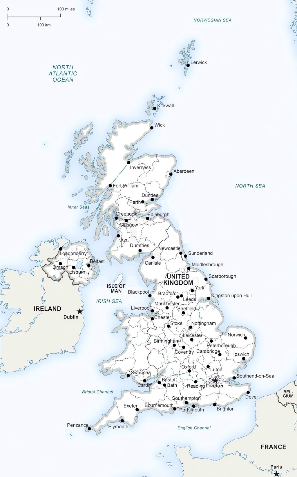 Mapa de las principales ciudades del Reino Unido.