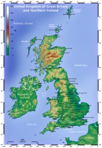 Mapa topogr&aacute;fico del Reino Unido.