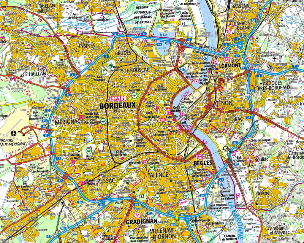 Mapa de accesos por carretera a la ciudad de Burdeos.