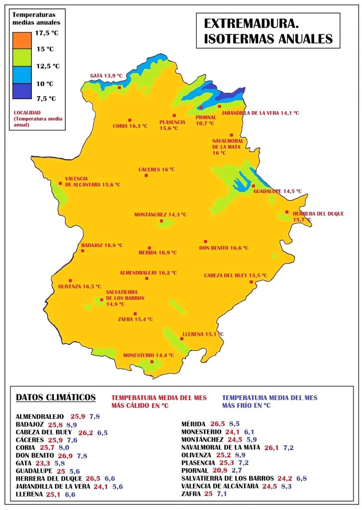 Mapa de temperaturas medias anuales en Extremadura.