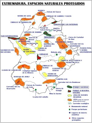 Mapa de los espacios naturales protegidos de Extremadura