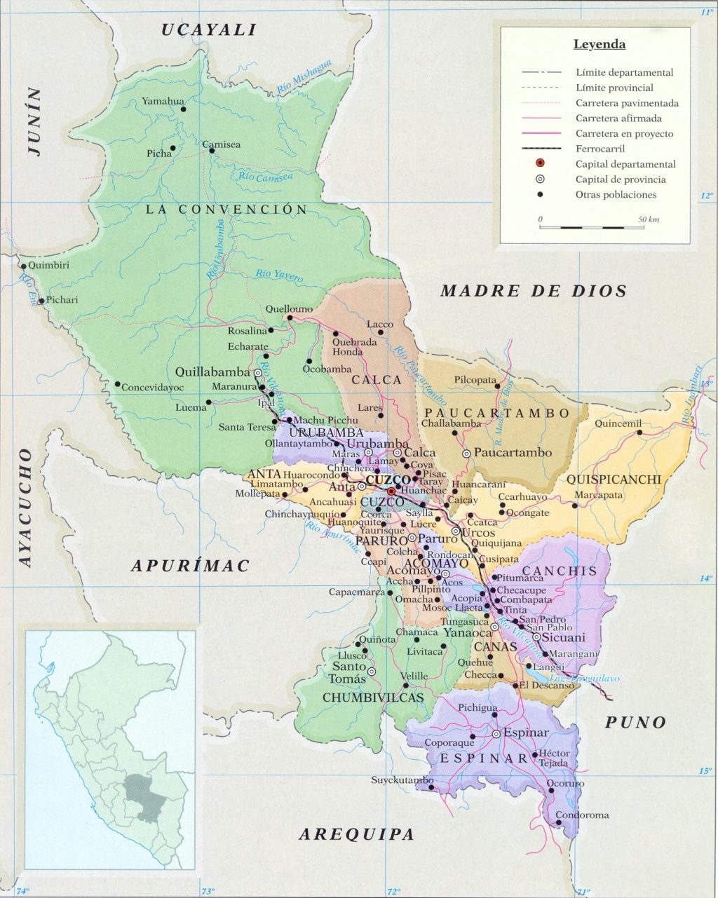 Mapa del departamento del Cuzco.