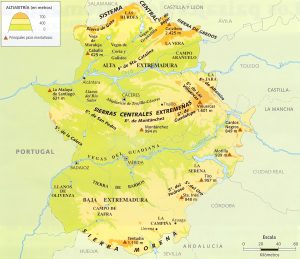 Mapa en relieve de la comunidad autónoma de Extremadura.