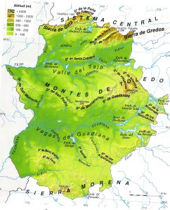 Mapa físico de la comunidad autónoma de Extremadura.