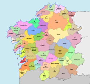 Mapa de las comarcas de la comunidad autónoma de Galicia.