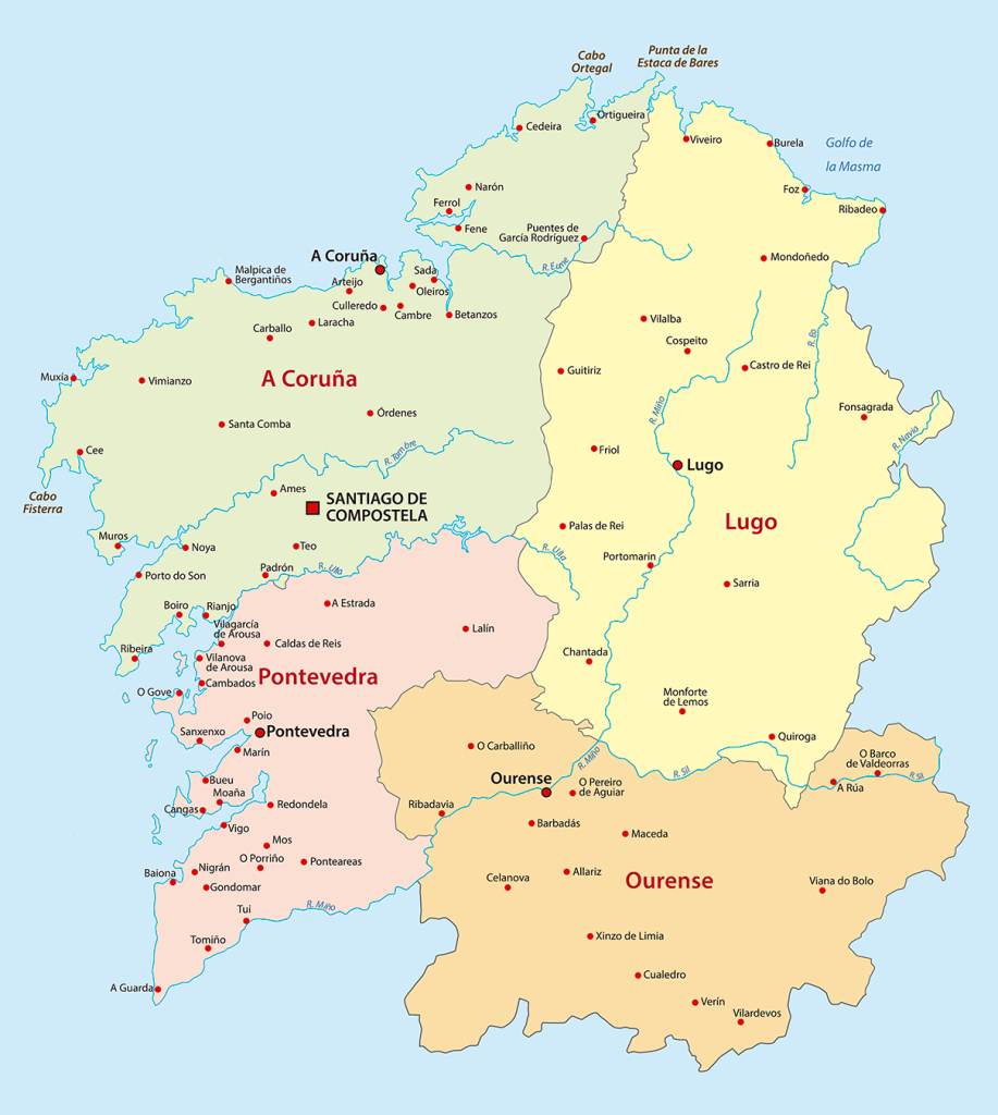 Mapa de las provincias de Galicia.